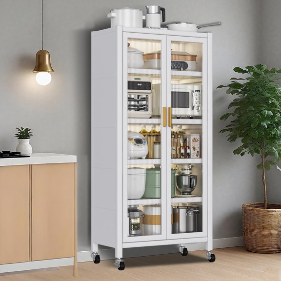 SYOSCHL 65'' Tall Metal Storage Cabinets, Freestanding Cupboard with Glass Doors, Kitchen Display Cabinet for Kitchen, Living, Dining Room