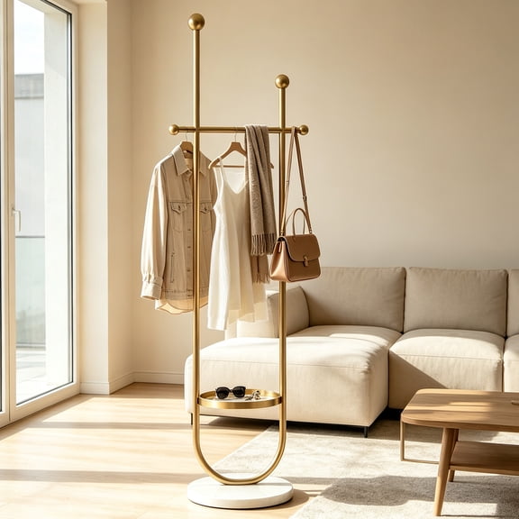SYOSCHL Freestanding Coat Rack, U shaped Clothes Racks with Marble Base for Entryway Bedroom Hallway