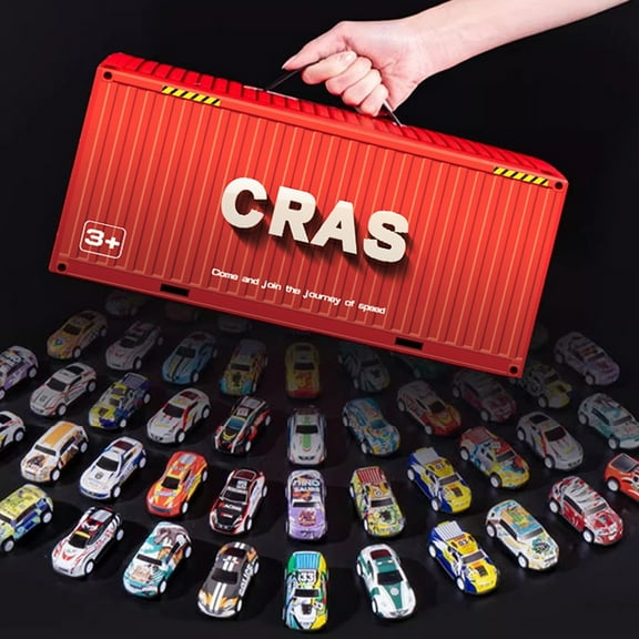 SYOT 48Pcs Random Pull Back Toy Cars for Boys Girls Toddlers 3,4,5,6 Years Old, Container Storage Box, Dinosaur & Racing Pattern, Race Car Party Favors