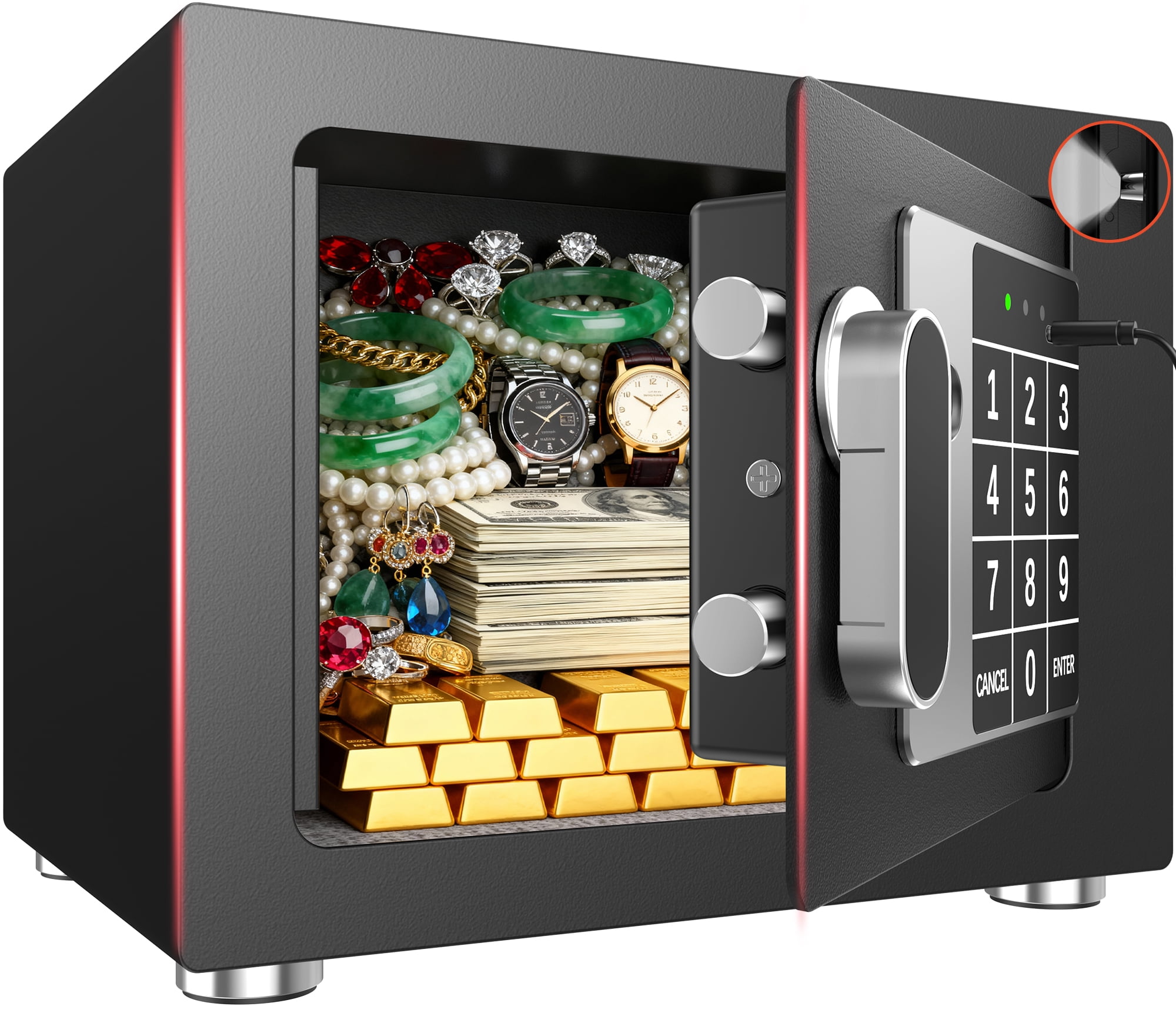 Walmart Black Friday Deals 2025 - SYSENFO 0.25 Feet Cubic Safe Box, Money Lock Safes with Digital Keypad, USB Cable and Sensor Light, Security Safe for Home Office Hotel (Black)