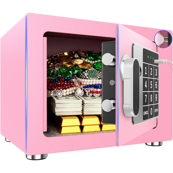SYSENFO 0.25 Feet Cubic Safe Box, Money Lock Safes with Digital Keypad, USB Cable and Sensor Light, Security Safe for Home Office Hotel (Pink)