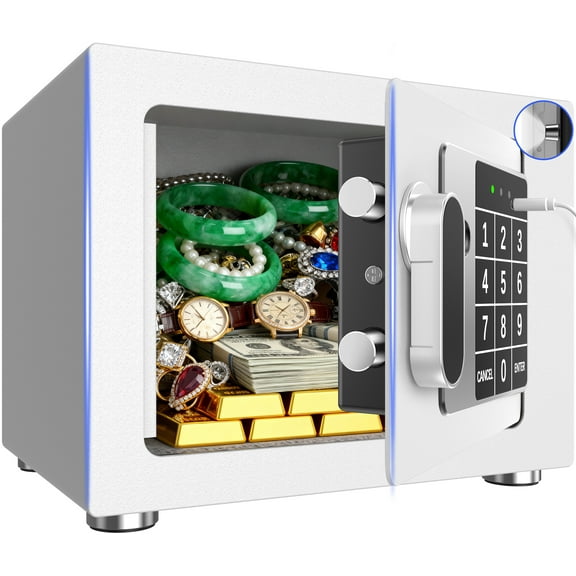 SYSENFO 0.25 Feet Cubic Safe Box, Money Lock Safes with Digital Keypad, USB Cable and Sensor Light, Security Safe for Home Office Hotel (White)