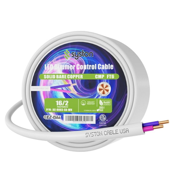 SYSTON CABLE TECH 16/2 LED Lighting Dimmer Dimming Luminaire Control Wire Cable, 16 AWG 2 Conductors Solid Bare Copper Unshielded Plenum Rated CMP CL3P FT6, for Ballast Wiring and Connection - 50FT