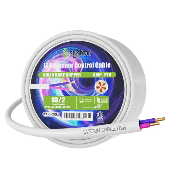 SYSTON CABLE TECH 18/2 LED Lighting Dimmer Dimming Luminaire Control Wire Cable, 18 AWG 2 Conductors Solid Bare Copper Unshielded Plenum Rated CMP CL3P FT6, for Ballast Wiring and Connection - 100FT