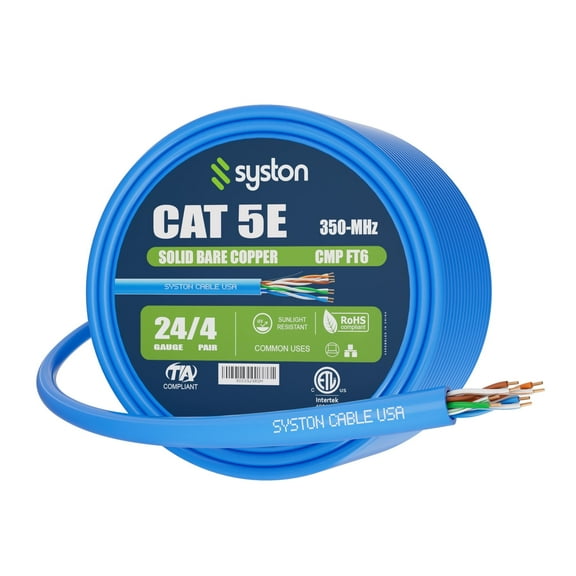 SYSTON CABLE TECHNOLOGY Cat 5e Ethernet Network Cable - 100 FT, 350MHz 24AWG Solid Bare Copper Wire Outdoor/Indoor, Bulk No Ends 10 Ft to 1000 Ft Available, Heat Resistant Plenum Rated - CMP