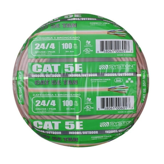 SYSTON CABLE TECHNOLOGY Cat 5e Ethernet Network Cable - 100 FT, 350MHz 24AWG Solid Bare Copper Wire Outdoor/Indoor, Bulk No Ends 10 Ft to 1000 Ft Available, Heat Resistant Riser Rated - CMR