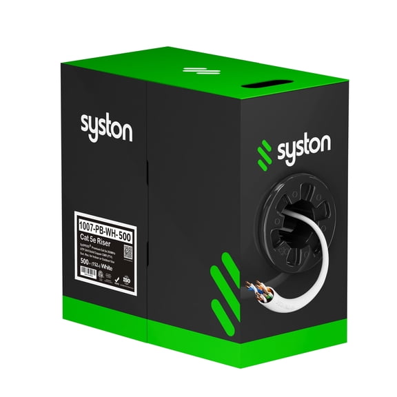 SYSTON CABLE TECHNOLOGY Cat 5e Ethernet Network Cable - 500 FT, 350MHz 24AWG Solid Bare Copper Wire Outdoor/Indoor, Bulk No Ends 10 Ft to 1000 Ft Available, Heat Resistant Riser Rated - CMR White