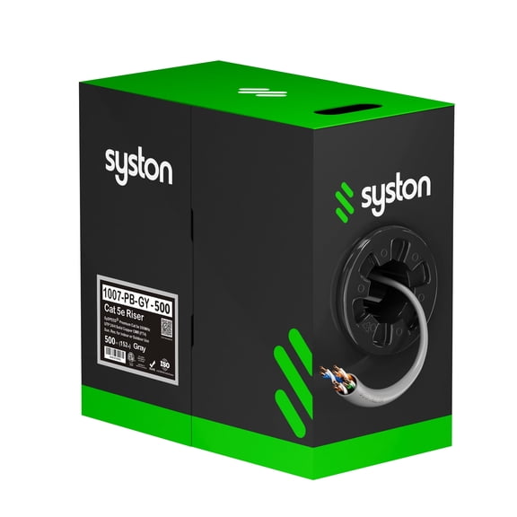 SYSTON CABLE TECHNOLOGY Cat 5e Ethernet Network Cable - 500 FT, 350MHz 24AWG Solid Bare Copper Wire Outdoor/Indoor, Bulk No Ends 10 Ft to 1000 Ft Available, Heat Resistant Riser Rated - CMR Grey