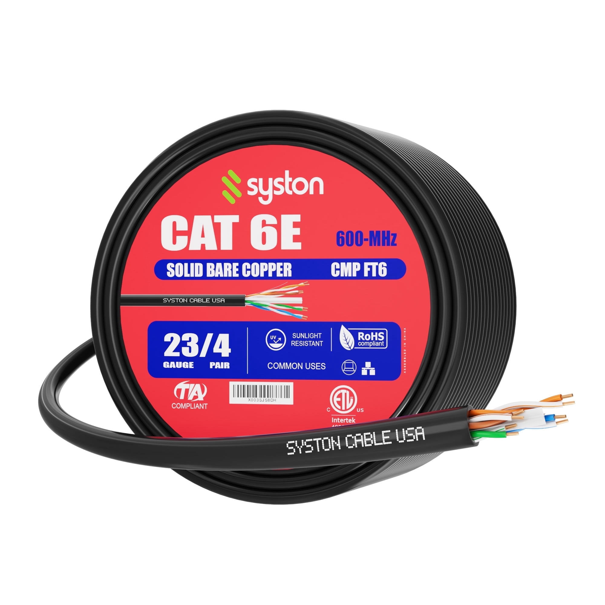 SYSTON CABLE TECHNOLOGY Cat 6E Ethernet Network Cable - 100 FT, 600MHz 23AWG Solid Bare Copper Wire Outdoor/Indoor, Bulk No Ends 10 Ft to 1000 Ft Available, Heat Resistant Plenum Rated - CMP