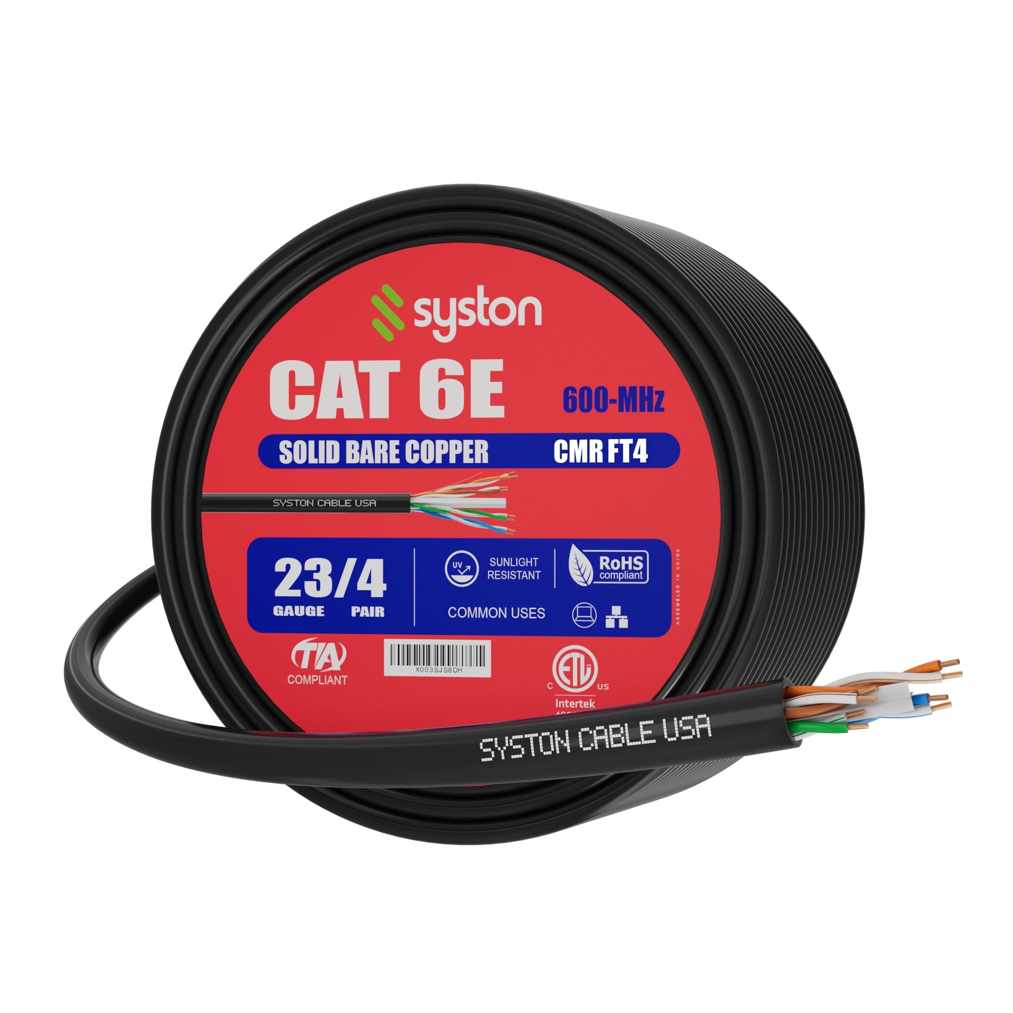 SYSTON CABLE TECHNOLOGY Cat 6E Ethernet Network Cable - 100 FT, 600MHz 23AWG Solid Bare Copper Wire Outdoor/Indoor, Bulk No Ends 10 Ft to 1000 Ft Available, Heat Resistant Riser Rated - CMR