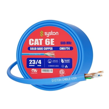 SYSTON CABLE TECHNOLOGY Cat 6E Ethernet Network Cable - 100 FT, 600MHz 23AWG Solid Bare Copper Wire Outdoor/Indoor, Bulk No Ends 10 Ft to 1000 Ft Available, Heat Resistant Riser Rated - CMR