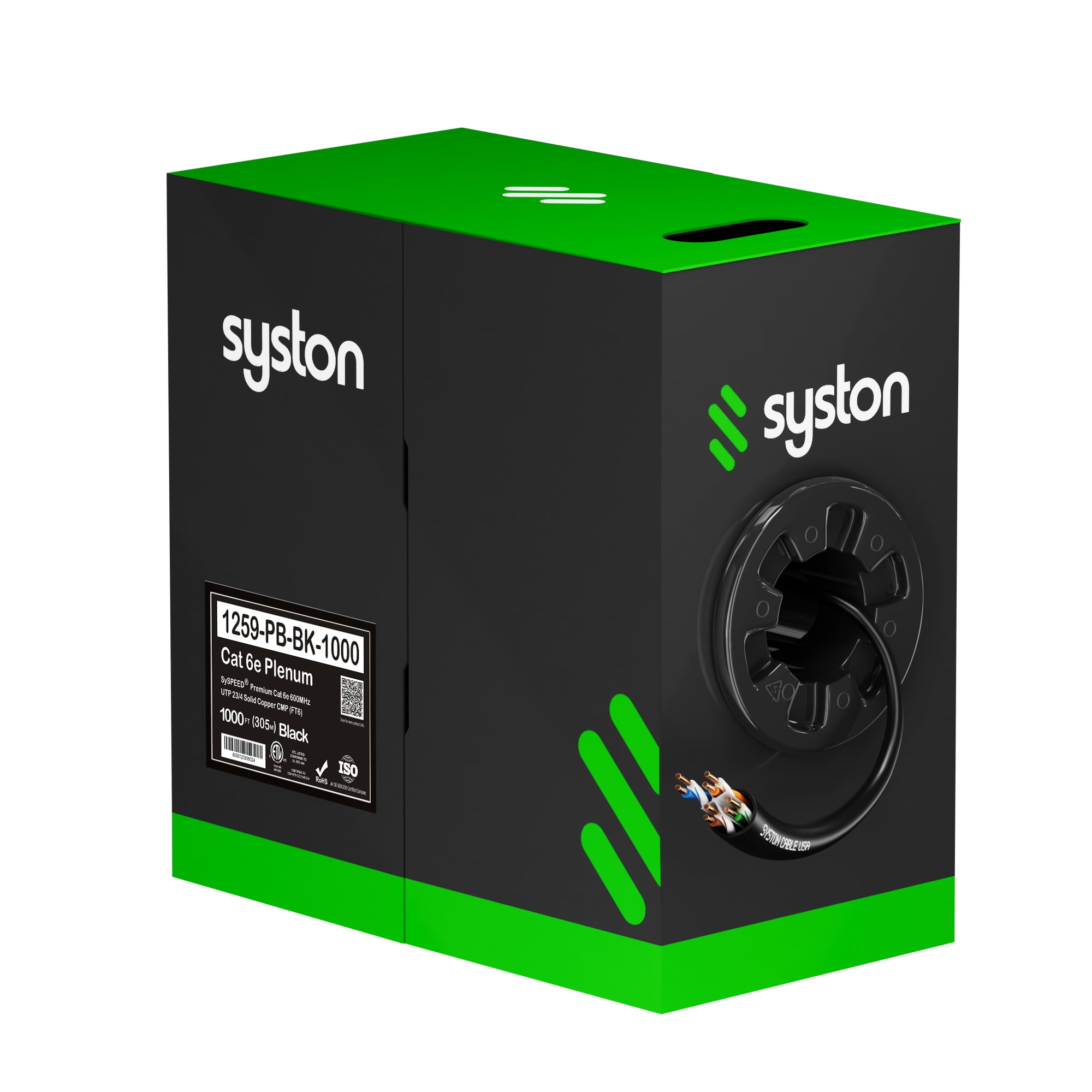SYSTON CABLE TECHNOLOGY Cat 6E Ethernet Network Cable - 1000 FT, 600MHz 23AWG Solid Bare Copper Wire Outdoor/Indoor, Bulk No Ends 10 Ft to 1000 Ft Available, Heat Resistant Plenum Rated - CMP Black