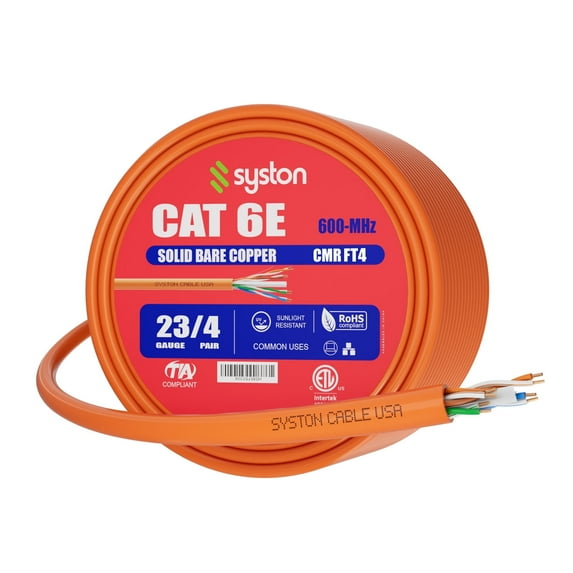 SYSTON CABLE TECHNOLOGY Cat 6E Ethernet Network Cable - 50 FT, 600MHz 23AWG Solid Bare Copper Wire Outdoor/Indoor, Bulk No Ends 10 Ft to 1000 Ft Available, Heat Resistant Riser Rated - CMR