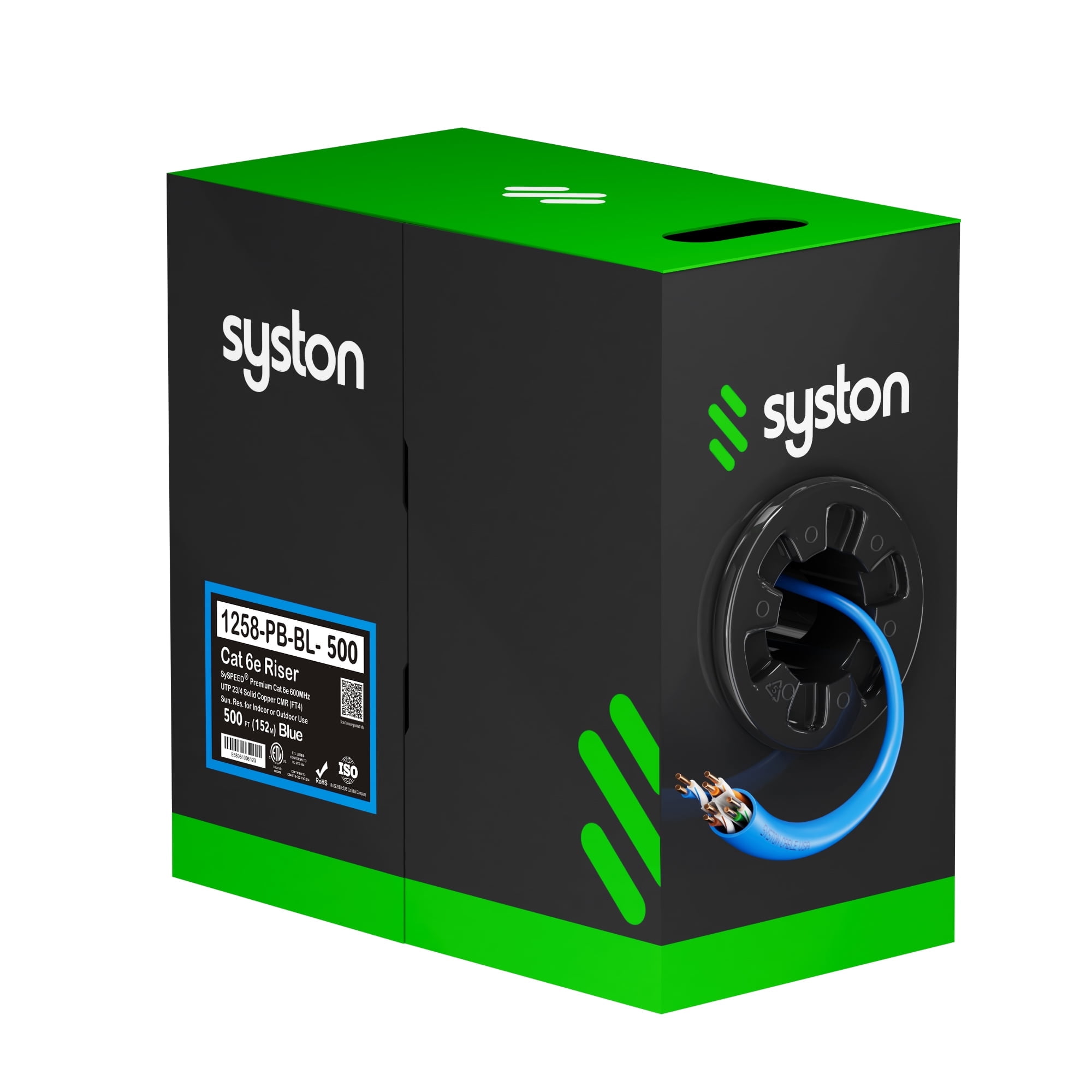 SYSTON CABLE TECHNOLOGY Cat 6E Ethernet Network Cable - 500 FT, 600MHz 23AWG Solid Bare Copper Wire Outdoor/Indoor, Bulk No Ends 10 Ft to 1000 Ft Available, Heat Resistant Riser Rated - CMR Blue