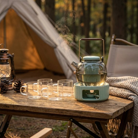 SYTC Qingyu Tea Set with Handle, Including A Glass Teapot with Handle, A Celadon Teapot, 4 Teacups, and A Tray - A Home-use Thermostatic Tea Set with A Distinctly Chinese Aesthetic.