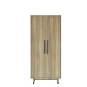 SYTHERS 2 Door Wood Wardrobe Bedroom Closet with Clothing Rod inside Cabinet for Storage, Oak Color