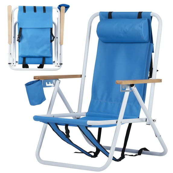 SYTHERS 2 Pieces Beach Chair for Adults, Folding Beach Chair with Cup Holder, High Back Beach Chairs with 4 levels of height adjustable backrest, Supports 330lbs for Beach Lawn Concert, Blue