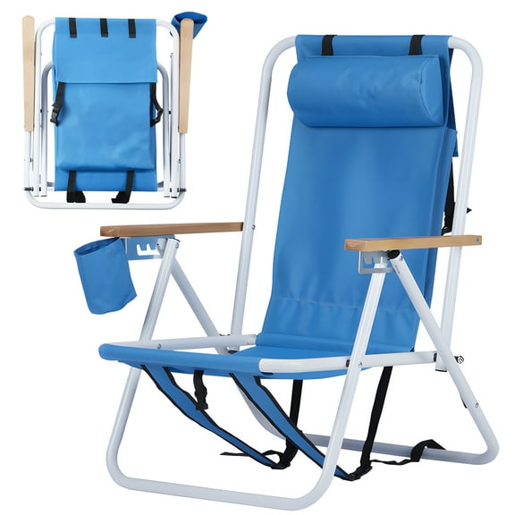 SYTHERS 2 Pieces Beach Chair for Adults, Folding Beach Chair with Cup Holder, High Back Beach Chairs with 4 levels of height adjustable backrest, Supports 330lbs for Beach Lawn Concert, Blue