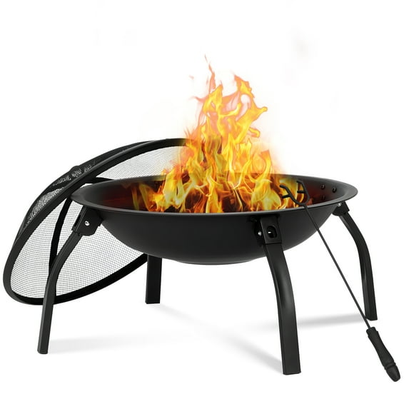 SYTHERS 22" Fire Pit for Outside, Wood Burning Fireplace Steel Firepit with Poker and Spark Screen for Patio Outside Backyard Garden
