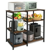 SYTHERS 3-Tier Bakers Rack for Kitchen, Coffee Bar Microwave Stand Kitchen Storage Shelf Organizer with S-Hooks, Wire Basket, for Spices, Pots, and Pans, Dark Brown