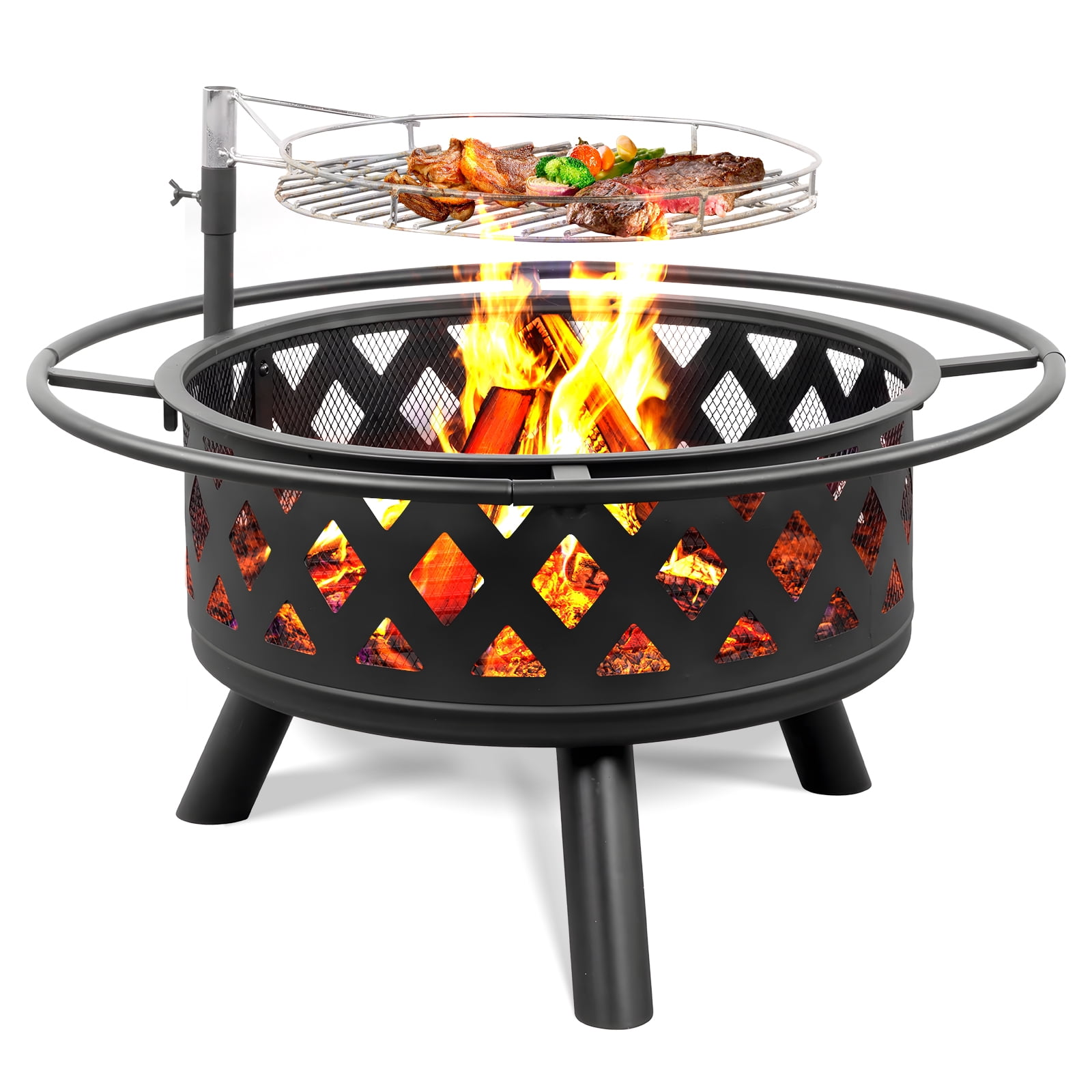 30-Inch Black Steel Wood Burning Fire Pit with Adjustable Grill