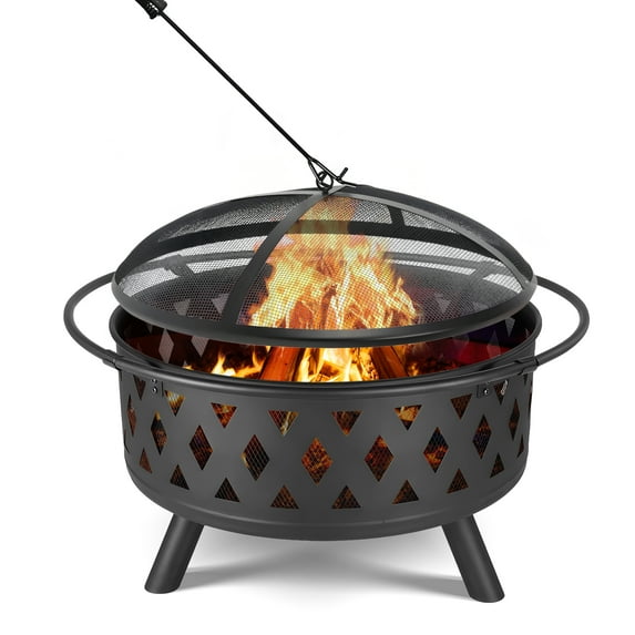 SYTHERS 32" Outdoor Fire Pit, Outside Metal Wood Burning Firepit Fireplace with Poker and Spark Screen for Backyard Patio Garden