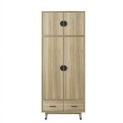 SYTHERS 4 Door Wood Wardrobe Bedroom Closet with Clothing Rod inside Cabinet and 2 Drawers for Storage, Oak Color(31.5"L x20.5"W x70.9"H)