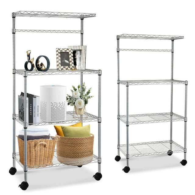 SYTHERS 4Tier Microwave Stand with Wheels, Kitchen Metal Bakers Rack