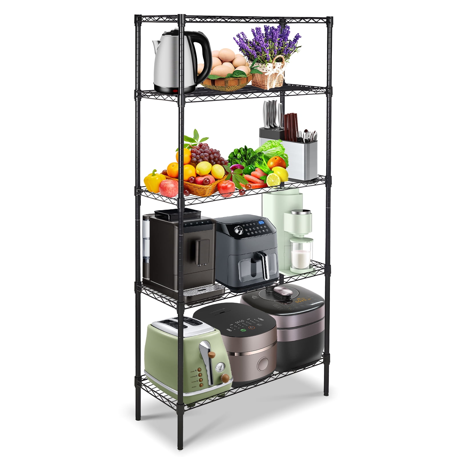 SYTHERS 5Shelf Metal Storage Rack, 36"x 70"x 14" Wire Shelving Unit with Wheels, Bakers Rack