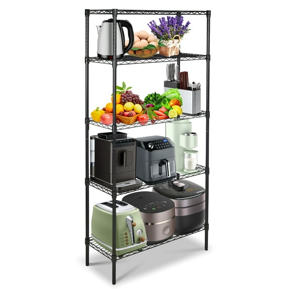 SYTHERS 5-Shelf Metal Storage Rack, 36"x 70"x 14" Wire Shelving Unit with Wheels, Bakers Rack Heavy Duty Kitchen Organizer Shelf, Capacity for 180 lbs, Black