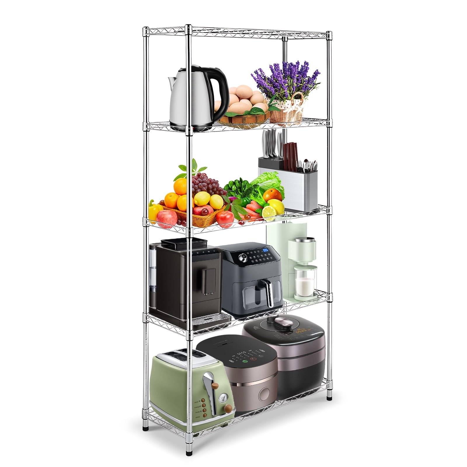 SYTHERS 5Shelf Metal Storage Rack, 36"x 70"x 14" Wire Shelving Unit with Wheels, Bakers Rack