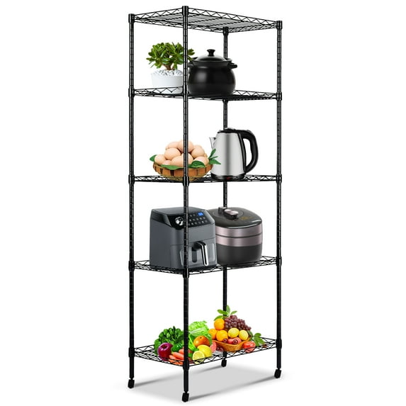 SYTHERS 5-Shelf Metal Storage Rack, 36"x65"x14" Wire Shelving Unit with Wheels, Heavy Duty Kitchen Organizer Shelf, Capacity for 180 lbs, Black