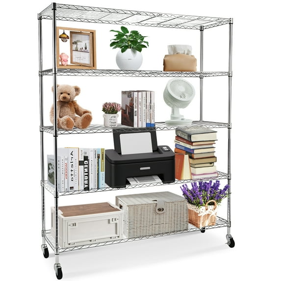 SYTHERS 5 Tier NSF Wire Shelf Shelving Unit, 59.06"D x 17.72"W x 70.87"H Adjustable Storage Metal Rack with Wheels, Ideal for Garage, Kitchen, Office Home and More, Chrome