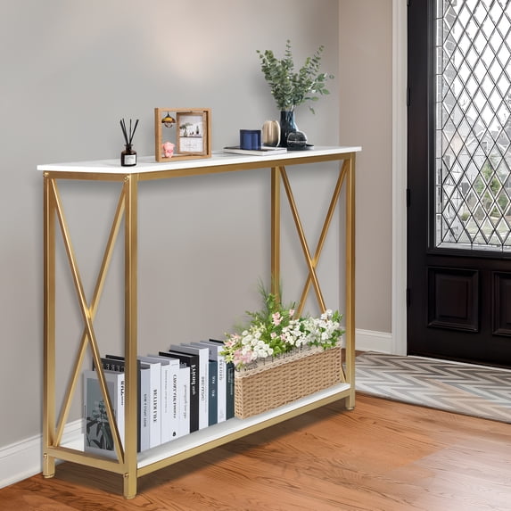 SYTHERS Console Table for Entryway, 2-Tier Metal Narrow Sofa Side Table Hallway Table TV Stand for Living Room Bedroom, Gold