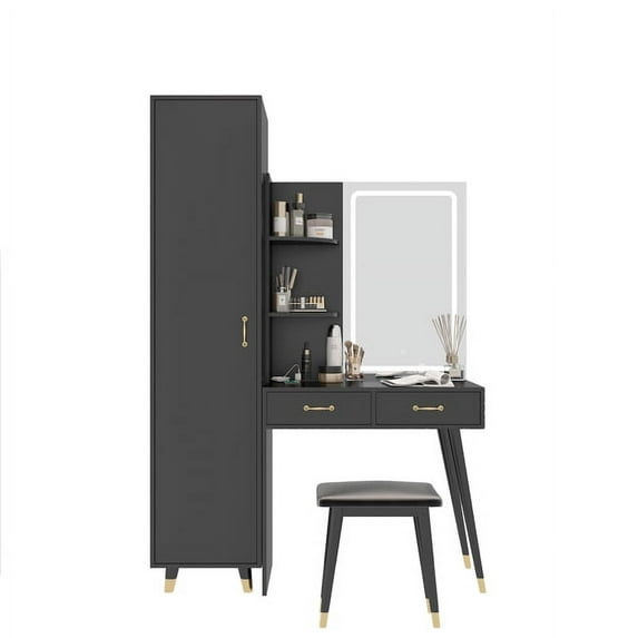 SYTHERS Makeup Desk with Bedroom Closet, LED Mirror, Power Outlets, Vanity Table and Stool Set with Armoire Wardrobe Set, Black