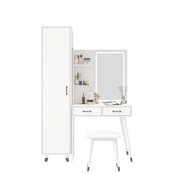 SYTHERS Makeup Desk with Bedroom Closet, LED Mirror, Power Outlets, Vanity Table and Stool Set with Armoire Wardrobe Set, White