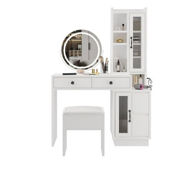 SYTHERS Makeup Vanity Desk Set, Complete Vanity Table Set with Side Cabinet, LED Mirror, Power Outlets, and Dressing Table Stool, White