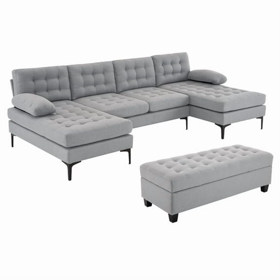 SYTHERS Sectional Sleeper Sofa, 110in Modular Sofa with Storage Ottoman, U-Shaped 4-Seat Sofa Couch for Living Room, Light Gray