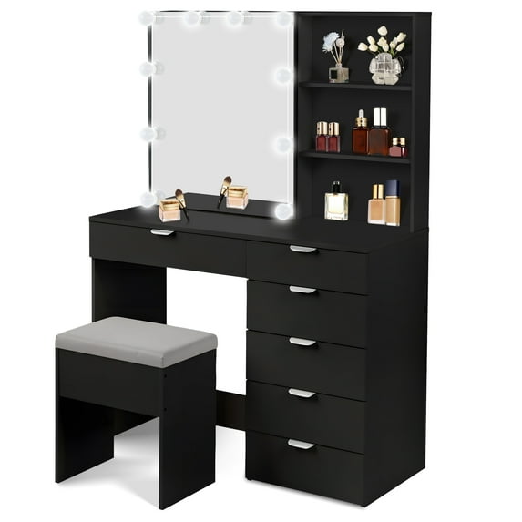SYTHERS Vanity Table Set with LED Mirror, Makeup Desk Dressing Table with 6 Drawers, 2 Shelves Mirror Cabinet, 3 Color Lighted Mirror, Cushioned Stool, Black