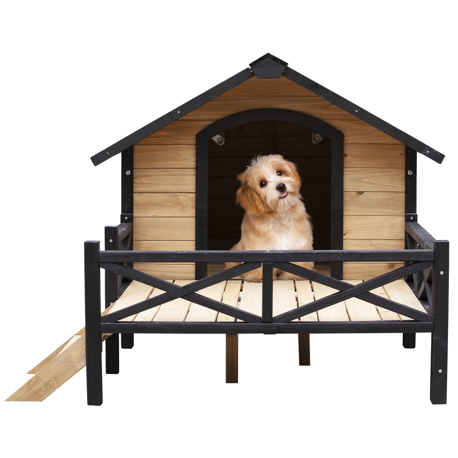 SYTHERS Wooden Dog House with Front Porch, Outdoor Pet Cabin with Access Ramp, Protective Fencing, and Observation Window, Designed for Small and Medium-sized Dogs, 43.6" L x 66.9" W x 32.7" H