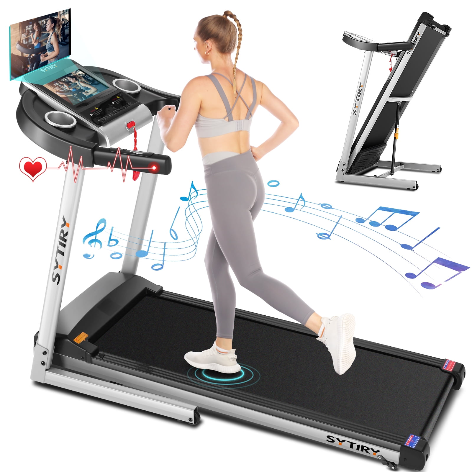 SYTIRY Folding Treadmill with 3D Virtual Sports Scene and 10" HD TV Movie Touchscreen, 3.25HP