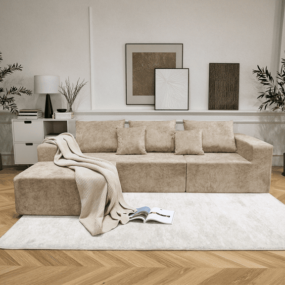 SYTOPIA 109" Oversized Boneless Couch, L-Shape Compressed Sectional Sofa Bed Lounger, 3-Seater Sleeper for Living Room Bedroom, Comfy 40D Foam Furniture, with 5 Pillows, No Assembly, Beige