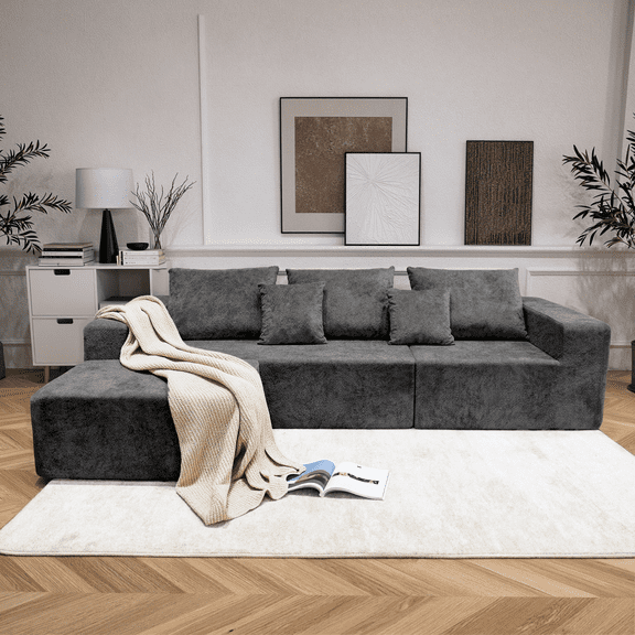 SYTOPIA 109" Oversized Boneless Couch, L-Shape Compressed Sectional Sofa Bed Lounger, 3-Seater Sleeper for Living Room Bedroom, Comfy 40D Foam Furniture, with 5 Pillows, No Assembly, Black Onyx