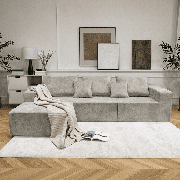 SYTOPIA 109" Oversized Boneless Couch, L-Shape Compressed Sectional Sofa Bed Lounger, 3-Seater Sleeper for Living Room Bedroom, Comfy 40D Foam Furniture, with 5 Pillows, No Assembly, Urban Grey