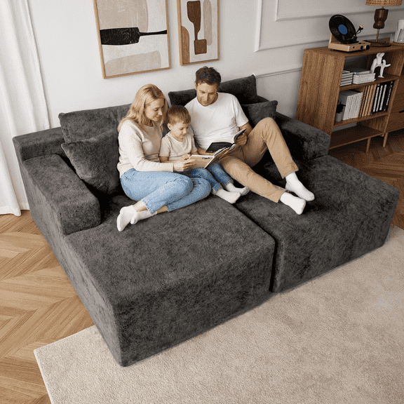 SYTOPIA 79" Boneless Cloud Couch, Compressed Modular Sleeper Sofa with 4 Pillows, L-Shape Loveseat Deep Seat Chaise Lounge with Armrests, No Assembly Sectional Sofa Bed, Black Onyx