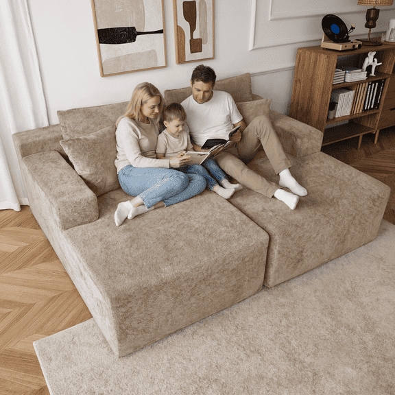 SYTOPIA 79" Boneless Cloud Couch, Compressed Modular Sleeper Sofa with 4 Pillows, L-Shape Loveseat Deep Seat Chaise Lounge with Armrests, No Assembly Sectional Sofa Bed, Beige