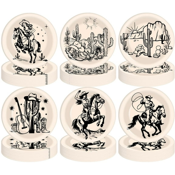 SYUCVQI 60 Pcs Western Paper Plates, AFN17 inch Printed Western Cowboy Party Plates for Wild West Decorations, Disposable Rodeo Bachelorette Themed Tableware for Cowgirl Birthday Party Supplies