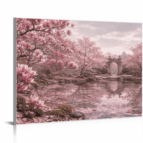SYVVY 12 x 16 Canvas Wall Art, Pink Magnolia Garden Pond with Stone Archway, Reflections and Botanical Spring Decor