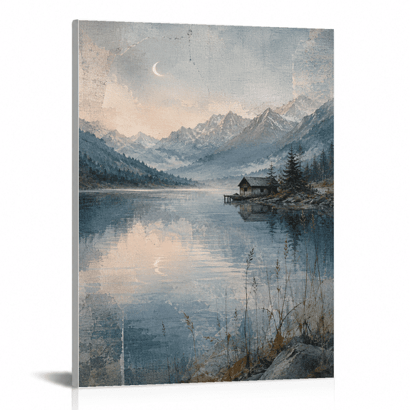SYVVY 12 x 16 Inch Canvas Wall Art, Moonlit Alpine Lake with Mountain Reflection and Lakeside Wooden Cabin, Blue Rustic Landscape Decor