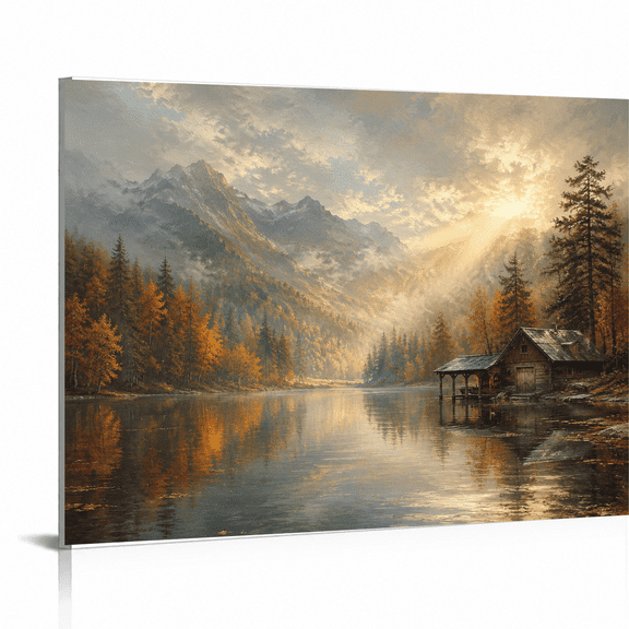SYVVY 12 x 16 Inch Canvas Wall Art, Mountain Lake Cabin at Golden Hour with Autumn Pines and Glowing Reflections, Rustic Lodge Decor